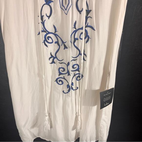 Lulus Down In Kokomo White And Blue Embroidered Lace Up Dress Size Medium - Picture 4 of 9